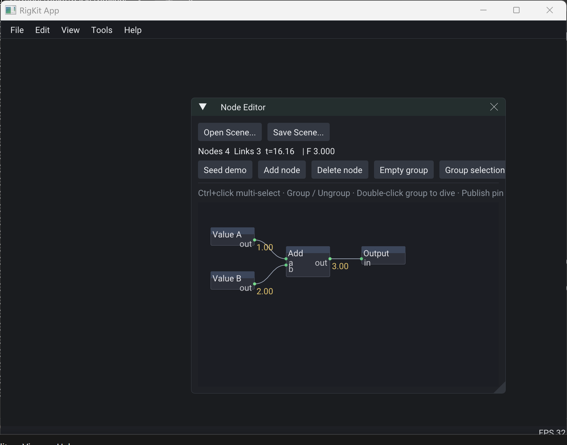 RigKit node editor - Value A and Value B into an Add node